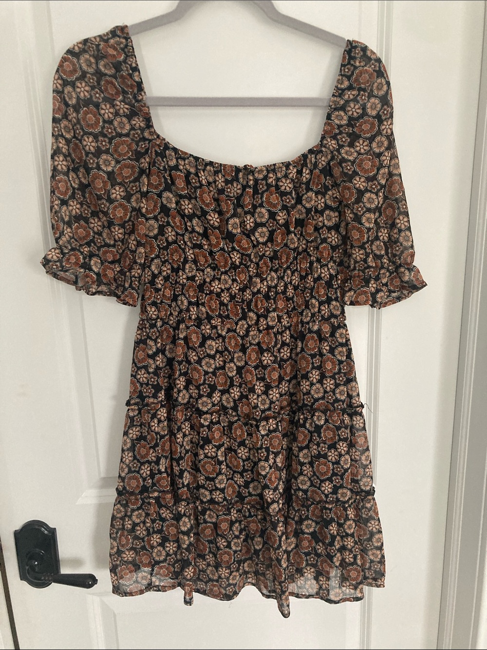 Floral Smocked Mini Dress in Black and Rust